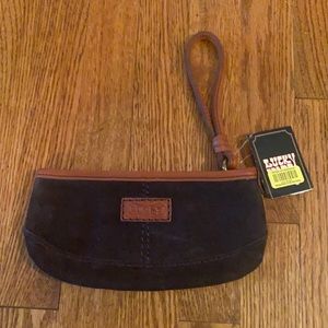NWT lucky brand suede brown wristlet with multi color pattern on the back